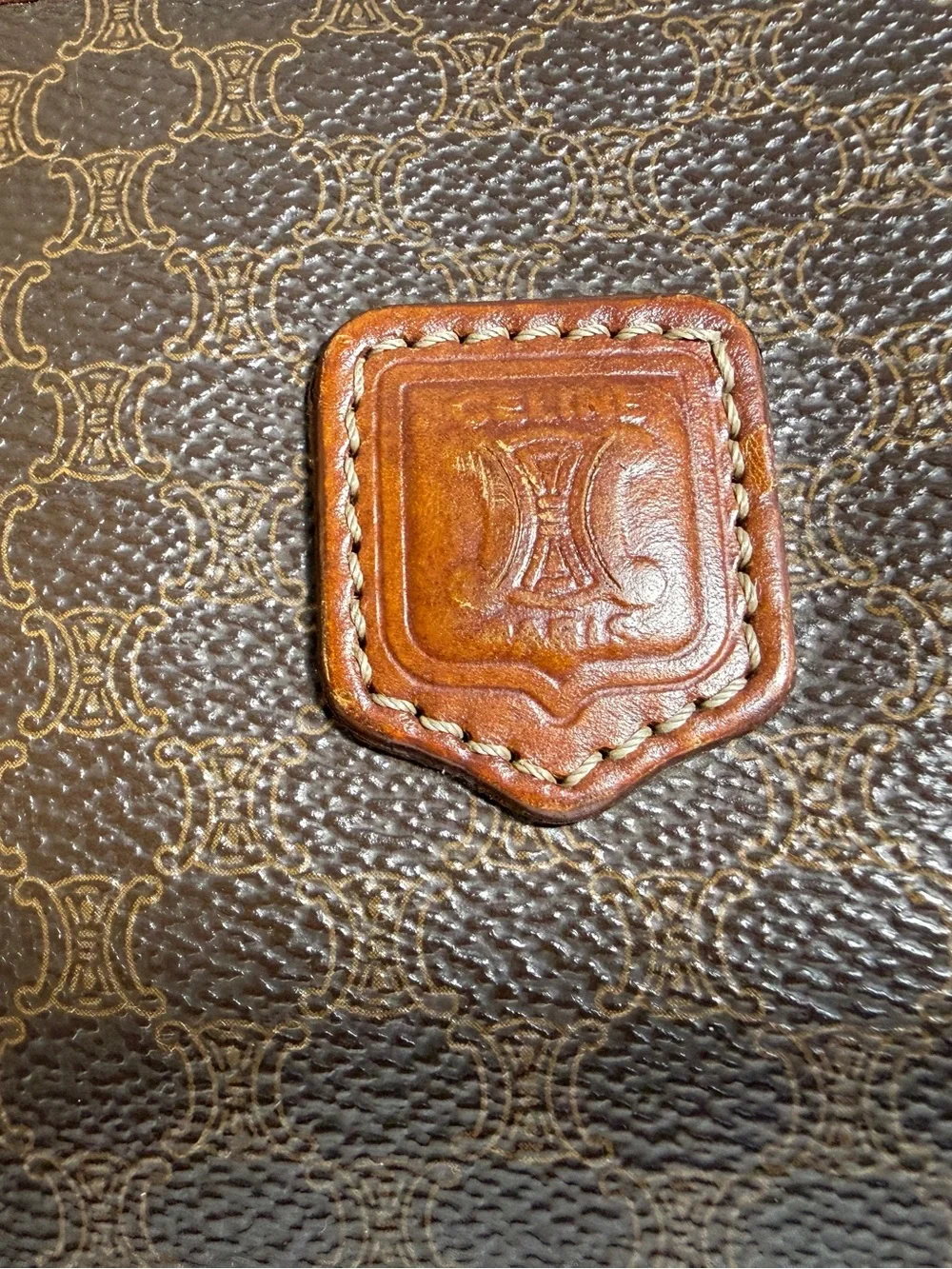 CELINE Macadam Triomphe Brown Clutch Wristlet Bag Gold Hardware Vintage